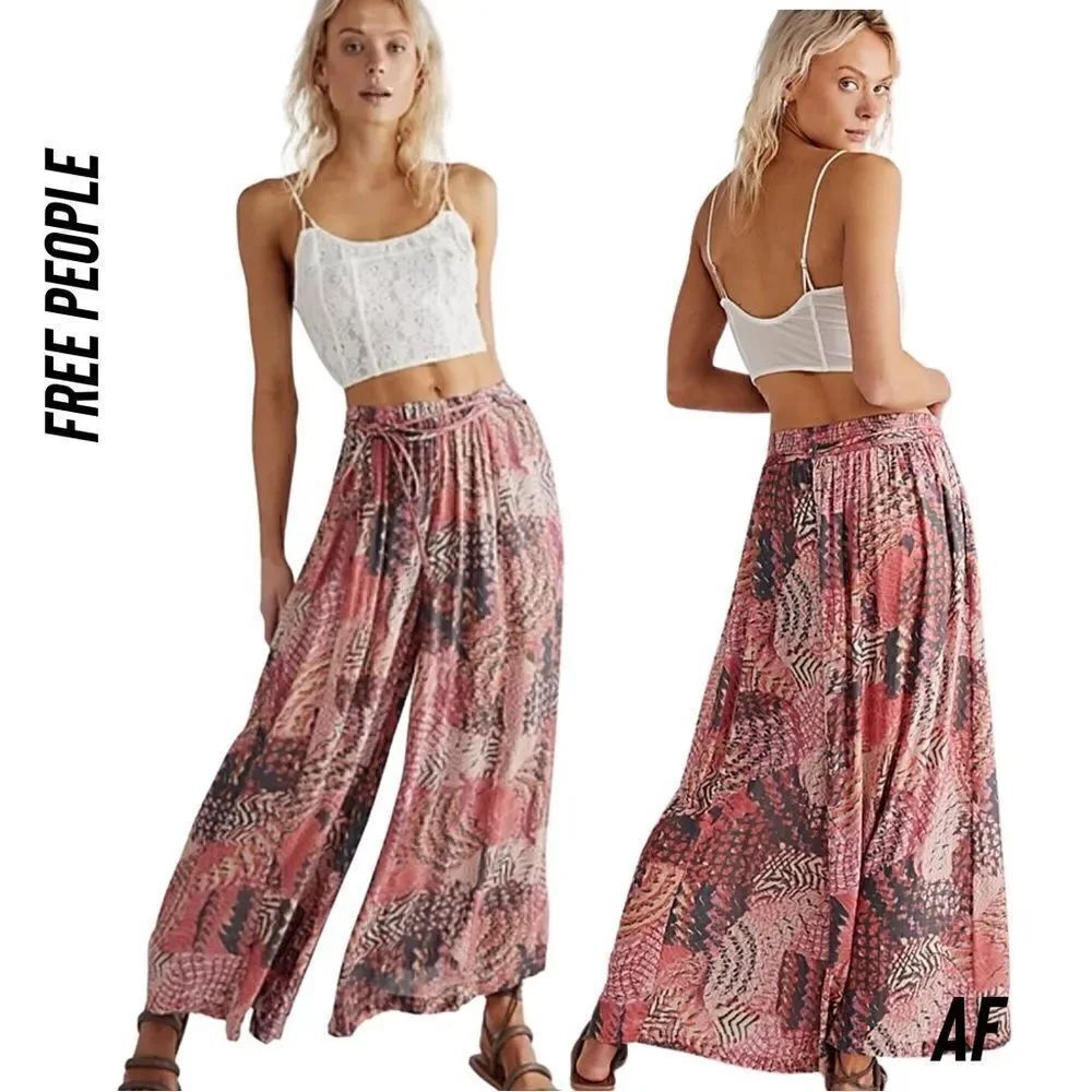 FREE PEOPLE GET AWAY FLOUNCED WIDE LEG PRINTED PANTS NWT SIZE 12